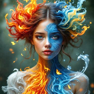 The primary subject of the image is a woman with a unique and artistic appearance. She has a mix of blue and orange colors on her face, which gives her a striking and visually appealing look. The setting is a dark background, which further emphasizes the vibrant colors on her face. The visual style of the image is a digital art or illustration, showcasing the creativity and skill of the artist. The overall atmosphere of the image is one of beauty and individuality, with the woman's striking appearance standing